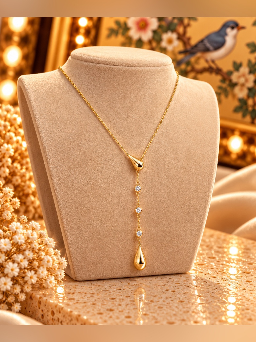 Dainty Y Drop Lariat Necklace Crystal Teardrop Pendant Minimalist Jewelry